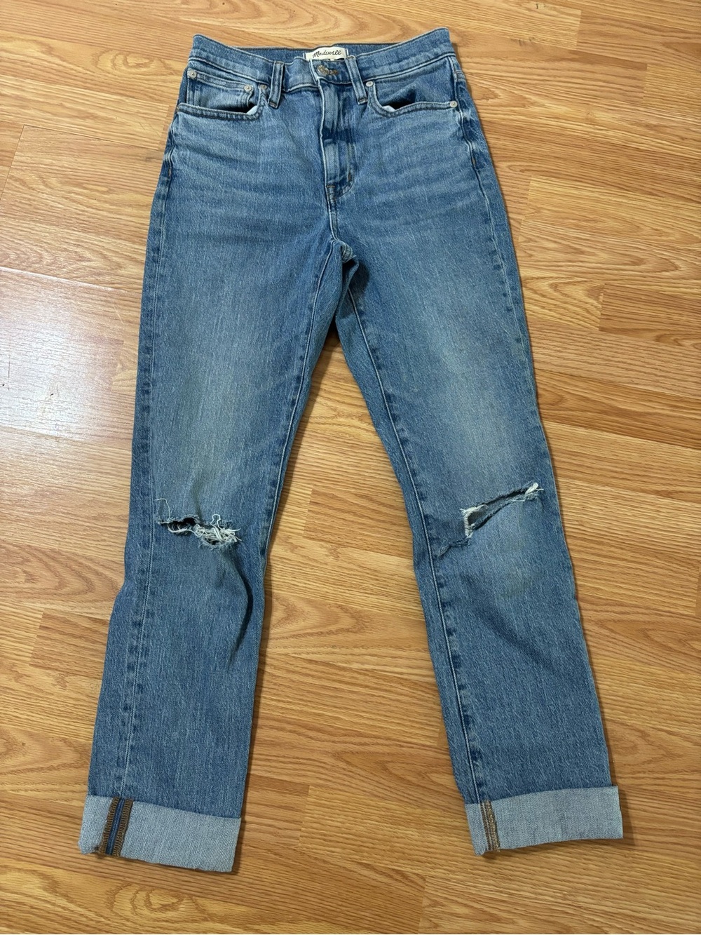 Madewell Boyfriend Jeans in Medium Blue with Knee Rips